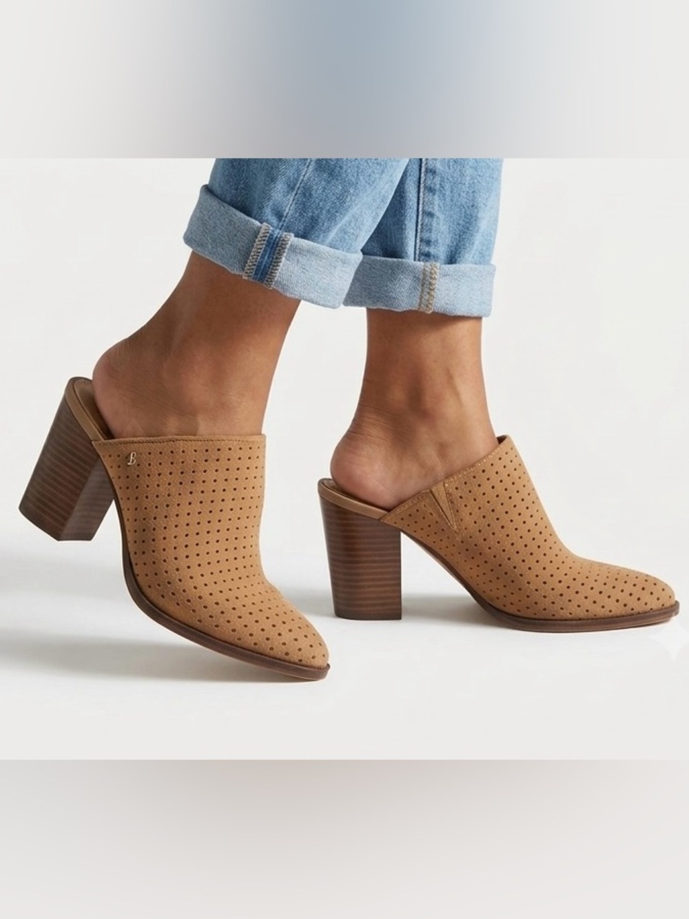 Sam Edelman Bates Perforated Suede Block Heel Mules Tan Size 7.5
